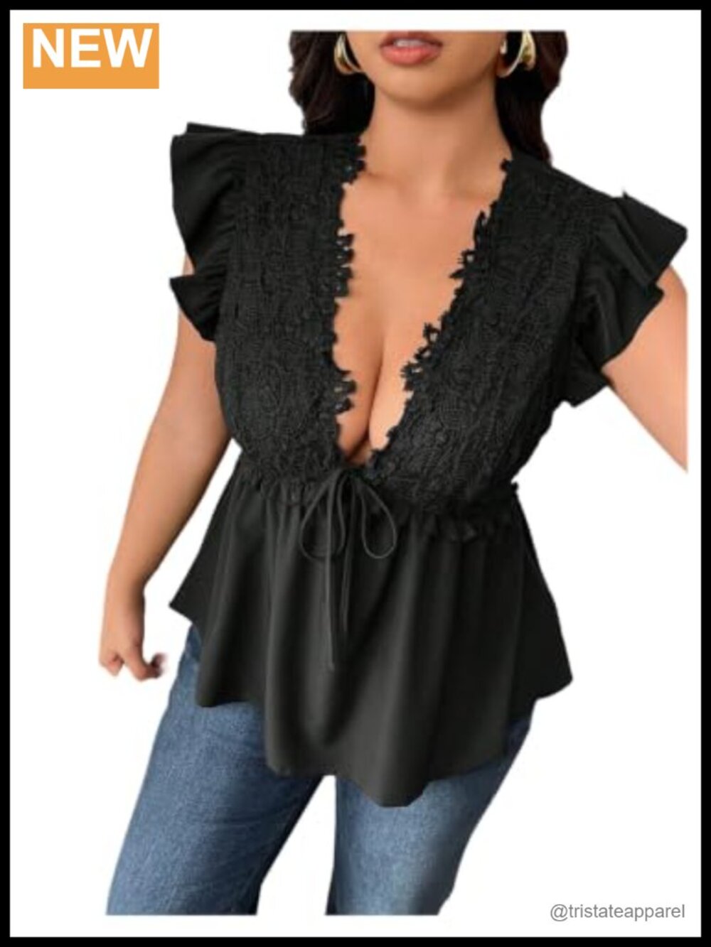 Plus Size Lace Ruffle Cap Sleeve Blouse Deep V Neck Tie Front Peplum Top